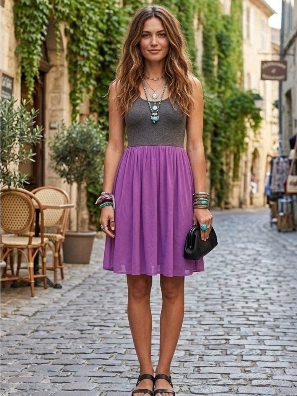Matilda Jane Park Day Gray and Magenta Purple chiffon tank dress GUC Large